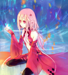 Rule 34 | 10s, 1girl, bare shoulders, black thighhighs, breasts, center opening, cleavage, detached sleeves, elbow gloves, fingerless gloves, gloves, guilty crown, hair ornament, hairclip, long hair, looking at viewer, navel, pink hair, red eyes, sitting, small breasts, solo, thea, thea (15124), thighhighs, twintails, wariza, yuzuriha inori