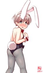 Rule 34 | 1girl, alternate costume, animal ears, artist logo, ass, black leotard, blush, bow, bowtie, commentary request, cowboy shot, dated, detached collar, embarrassed, fake animal ears, flat chest, from behind, green eyes, grey pantyhose, highres, kanon (kurogane knights), kantai collection, leotard, looking at viewer, pantyhose, playboy bunny, rabbit ears, rabbit tail, red bow, red bowtie, short hair, silver hair, simple background, solo, strapless, strapless leotard, tail, wavy mouth, white background, wrist cuffs, z1 leberecht maass (kancolle)