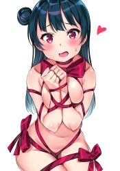 Rule 34 | 1girl, blue hair, blush, bound, bound arms, bound wrists, bow, breasts, choker, cleavage, covering privates, covering breasts, hair bun, heart, highres, long hair, looking at viewer, love live!, love live! sunshine!!, medium breasts, navel, open mouth, purple eyes, ribbon, ribbon bondage, ribbon choker, side bun, simple background, single side bun, solo, sweatdrop, tem10, tied up, tsushima yoshiko, white background