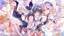 Rule 34 | 2018, 2girls, alternate costume, animal ears, apron, aqua eyes, ass, azur lane, banned artist, bare shoulders, black hair, blunt bangs, bottomless, breast press, breast rest, breasts, cheshire (azur lane), cleavage, clothes lift, colorful, commentary, copyright name, cowboy shot, cuffs, dress, enmaided, floral background, flower, garter straps, green hair, hair between eyes, hair ornament, head on chest, highres, looking at viewer, maid, maid apron, maid headdress, medium breasts, midori foo, multicolored hair, multiple girls, no panties, official alternate costume, petals, puffy short sleeves, puffy sleeves, red eyes, shadow, short dress, short sleeves, sirius (azur lane), skirt, skirt lift, smile, sparkle, streaked hair, thighhighs, two-tone hair, water drop, wavy mouth, white hair, white legwear, yostar