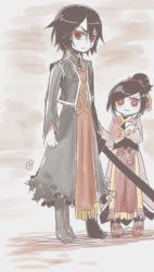 Rule 34 | 1boy, 1girl, black hair, boots, brother and sister, brown background, child, coat, dress, gaius (tales), karla outway, long hair, ponytail, red eyes, shoes, short hair, siblings, sword, tales of (series), tales of xillia, weapon