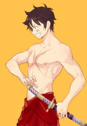 Rule 34 | 1boy, black eyes, black hair, cowboy shot, facial scar, from side, holding, holding sword, holding weapon, japanese clothes, katana, kimono, male focus, moko (gloriaaaaaa), monkey d. luffy, nipples, one piece, profile, red kimono, scar, scar on cheek, scar on chest, scar on face, sheath, short hair, simple background, smile, solo, sword, topless male, unsheathing, weapon, yellow background