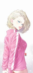 Rule 34 | 1girl, absurdres, android 18, arms behind back, ass, asymmetrical hair, bad id, bad pixiv id, blonde hair, blue eyes, bottomless, dragon ball, dragon ball super, dragonball z, highres, jersey, kanchiyo, looking at viewer, looking back, no panties, parted lips, short hair, solo, standing