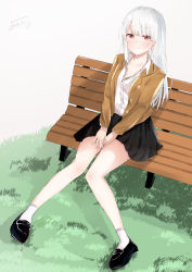 Rule 34 | 1girl, :t, absurdres, akagikou, bad id, bad pixiv id, bench, black footwear, black skirt, breasts, brown jacket, cleavage, closed mouth, collarbone, collared shirt, commentary request, dress shirt, grass, grey background, highres, jacket, knees together feet apart, loafers, long hair, looking at viewer, necktie, on bench, open clothes, open jacket, original, park bench, pleated skirt, pout, red eyes, school uniform, shirt, shoes, signature, sitting, skirt, small breasts, socks, solo, very long hair, white hair, white shirt, white socks