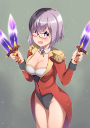 Rule 34 | 1girl, :d, absurdres, angie (meganekko-geki-love-1008), azoth knife, black leotard, black ribbon, blush, breasts, cleavage, cowboy shot, dagger, detached collar, dual wielding, epaulettes, fate/grand order, fate (series), glasses, grey background, groin, highleg, highleg leotard, highres, holding, holding weapon, jacket, knife, leotard, long sleeves, looking at viewer, mash kyrielight, mash kyrielight (welcome to the travelling circus!), medium breasts, official alternate costume, open clothes, open jacket, open mouth, pink hair, purple eyes, red-framed eyewear, red jacket, ribbon, short hair, simple background, smile, solo, sparkle, sparkling eyes, standing, tareme, thighs, v-shaped eyebrows, weapon, welcome to the travelling circus!
