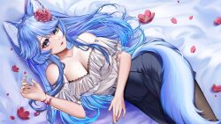 Rule 34 | 1girl, animal ears, aozora natsuko, belt, black skirt, blue hair, blue nails, blue tail, braid, breasts, camisole, chenchen, cleavage, collarbone, flower, french braid, grey eyes, hair flower, hair ornament, highres, indie virtual youtuber, large breasts, pink flower, red lips, second-party source, skirt, solo, strap slip, tail, thighhighs, virtual youtuber, white belt, white camisole, wolf ears, wolf girl, wolf tail