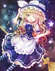Rule 34 | 1girl, bad id, bad pixiv id, blonde hair, bow, broom, hand on headwear, hat, hat bow, jaku sono, kirisame marisa, long hair, one eye closed, open mouth, short sleeves, solo, star (symbol), striped clothes, striped legwear, striped thighhighs, thighhighs, touhou, wavy hair, wink, witch hat, yellow eyes