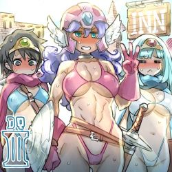 Rule 34 | 3girls, = =, belt, belt buckle, blue eyes, blue one-piece swimsuit, blue slingshot swimsuit, breasts, brown belt, buckle, buckler, cape, cleavage, copyright name, covered erect nipples, cowboy shot, dragon quest, dragon quest iii, eyebrows, feathered wings, gem, gloves, hair between eyes, hat, helmet, jewelry, long hair, lowres, medium breasts, mimonel, mitre, multiple girls, navel, neck ring, one-piece swimsuit, pink cape, pink gloves, pink one-piece swimsuit, pink slingshot swimsuit, purple hair, roto (dq3), sage (dq3), sheath, sheathed, shield, slingshot swimsuit, soldier (dq3), square enix, standing, stomach, sweat, swimsuit, underboob, v-shaped eyebrows, wavy hair, white one-piece swimsuit, white slingshot swimsuit, white wings, winged helmet, wings