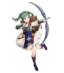 Rule 34 | 1girl, arrow (projectile), boots, bow (weapon), closed mouth, dress, fire emblem, fire emblem fates, fire emblem heroes, full body, green hair, highres, holding, holding bow (weapon), holding weapon, japanese clothes, long hair, long sleeves, looking away, midori (fire emblem), mikurou (nayuta), nintendo, official art, solo, transparent background, twintails, weapon