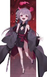 Rule 34 | 1girl, :d, black dress, blue archive, cleavage cutout, clothing cutout, daifuku (tkja3555), dress, flat chest, full body, gauze, gauze on cheek, grey hair, grey jacket, halo, highres, jacket, long hair, looking at viewer, open mouth, red eyes, red halo, shuro (blue archive), sleeveless, smile, solo, standing, tabi, teeth, upper teeth only