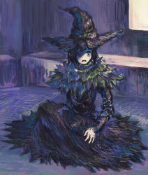 Rule 34 | 1girl, black dress, black hair, black hat, blue eyes, cape, demon&#039;s souls, dress, fantasy, from software, hat, highres, long skirt, long sleeves, no nose, open mouth, pale skin, shadow, short hair, sitting, skirt, sleeves past wrists, solo, suisui (fish), witch, witch hat, yuria the witch