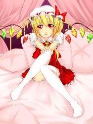 Rule 34 | 1girl, artistic error, bad id, bad pixiv id, blonde hair, blouse, collared shirt, embodiment of scarlet devil, female focus, flandre scarlet, full body, genjuu rou, hair between eyes, hat, highres, indoors, mob cap, pillow, red eyes, shirt, short hair, solo, thighhighs, touhou, white hat, white shirt, white thighhighs, wings