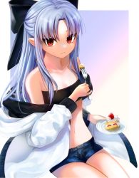 Rule 34 | 1girl, abc03219, bandeau, black bandeau, black hairband, blue hair, blue shorts, breasts, cake, cleavage, collarbone, commission, denim, denim shorts, food, fork, hair between eyes, hairband, highres, holding, holding fork, holding plate, len (tsukihime), long hair, midriff, navel, parted lips, plate, pointy ears, red eyes, short shorts, shorts, sitting, skeb commission, small breasts, solo, stomach, tsukihime, very long hair