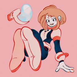 Rule 34 | 1girl, bodysuit, boku no hero academia, boots, breasts, brown eyes, brown hair, floating, gloves, highres, knees up, looking at viewer, multicolored bodysuit, multicolored clothes, open mouth, pink background, short hair, simple background, solo, uraraka ochako, uzuta, white footwear