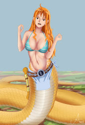 Rule 34 | 1girl, absurdres, artist name, asepn (artist), belt buckle, bikini, breasts, buckle, cleavage, clima-tact, highres, lamia, large breasts, loincloth, monster girl, monsterification, nami (one piece), one piece, orange hair, scales, snake, snake tail, swimsuit, tail, transformation