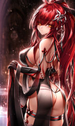 Rule 34 | 1girl, ass, been, black dress, black gloves, black ribbon, blurry, blurry background, breasts, butt crack, cowboy shot, dress, elbow gloves, elesis (elsword), elsword, eyes visible through hair, floating hair, from behind, gloves, hair between eyes, hair ornament, hair over one eye, hair ribbon, high ponytail, highres, large breasts, long hair, looking at viewer, red hair, revealing clothes, ribbon, sideboob, sleeveless, sleeveless dress, slit pupils, solo, standing, thigh strap, very long hair, yellow eyes