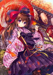 Rule 34 | 1girl, akabane (zebrasmise), architecture, autumn leaves, bow, brown hair, c:, commentary request, east asian architecture, falling leaves, fish, goldfish, hair bow, hair ribbon, highres, lampion, leaf, long hair, looking at viewer, meiji schoolgirl uniform, oil-paper umbrella, original, purple eyes, ribbon, smile, solo, umbrella, wind