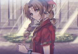 Rule 34 | 1990s (style), 1girl, 234 (1234!), aerith gainsborough, bad id, bad pixiv id, brown hair, church, curly hair, final fantasy, final fantasy vii, green eyes, jacket, long hair, looking at viewer, red jacket, retro artstyle, sidelocks, smile, solo, upper body