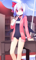 Rule 34 | 1girl, alternate costume, bat wings, blue hair, blush, book, cardigan, drink, drinking, hair ribbon, hood, hoodie, kazeharu, library, long sleeves, looking at viewer, no headwear, one-piece swimsuit, open clothes, open hoodie, parasol, red eyes, remilia scarlet, ribbon, school swimsuit, short hair, solo, swimsuit, table, text focus, touhou, umbrella, wings