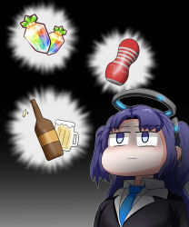 Rule 34 | 1girl, alcohol, beer, beer bottle, beer mug, blazer, blue archive, c/h, collared shirt, commentary, cup, english commentary, gem, hair ornament, halo, highres, imagining, jacket, korean commentary, long hair, mixed-language commentary, mug, necktie, parted bangs, purple eyes, purple hair, school uniform, shirt, sidelocks, solo, tenga, thought bubble, two side up