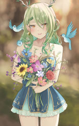 Rule 34 | 1girl, antlers, bird, blue dress, blurry, blurry background, blush, bouquet, braid, braided bangs, breasts, ceres fauna, cowboy shot, dress, flower, green hair, hair flower, hair ornament, hair over one eye, highres, hololive, hololive english, horns, long hair, looking at viewer, medium breasts, rose, smile, solo, sunflower, swept bangs, takida 185, teeth, thighs, upper teeth only, virtual youtuber, yellow eyes