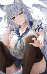 Rule 34 | :o, alternate costume, animal ears, azur lane, black thighhighs, blue eyes, blush, breasts, grey hair, highres, large breasts, looking at viewer, looking down, multiple tails, school uniform, sherlock hime, shinano (azur lane), skirt, tail, thighhighs, white background