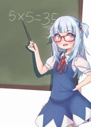 Rule 34 | 1girl, bespectacled, blue dress, blue eyes, blue nails, blunt bangs, blush, chalkboard, cirno, cirno (cosplay), collared shirt, cosplay, dress, failure, feet out of frame, flat chest, gawr gura, glasses, hair ornament, hand on own hip, highres, hololive, hololive english, kiirokuma, long hair, looking to the side, multicolored hair, nail polish, open mouth, parody, puffy short sleeves, puffy sleeves, red neckwear, red ribbon, ribbon, shark hair ornament, sharp teeth, shirt, short sleeves, silver hair, simple background, solo, standing, streaked hair, teeth, touhou, twitter username, two side up, virtual youtuber, white background, white shirt