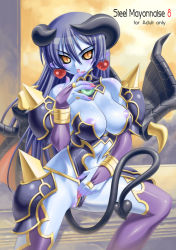 Rule 34 | 1girl, armor, astaroth (shinrabanshou), black sclera, blue hair, blue skin, breasts, bridal gauntlets, cleavage, clothing aside, colored sclera, colored skin, cover, earrings, heart, heart earrings, higuchi isami, horns, jewelry, large breasts, leotard, leotard aside, licking, long hair, nail polish, nipples, pink nails, pointy ears, pussy, shinrabanshou, solo, tail, thighhighs, tongue, uncensored, wings, yellow eyes