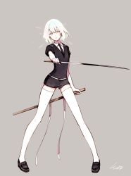 Rule 34 | 1other, akagi shun, black footwear, black necktie, black vest, blue hair, closed mouth, collared shirt, commentary, diamond (houseki no kuni), english commentary, full body, grey background, grey eyes, grey hair, head tilt, holding, holding sword, holding weapon, houseki no kuni, katana, legs apart, looking at viewer, multicolored hair, necktie, pigeon-toed, scabbard, sheath, shirt, shoes, short hair, signature, simple background, solo, standing, sword, thighhighs, vest, weapon, white shirt, white thighhighs, wing collar