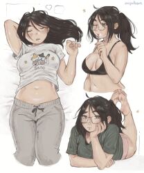 Rule 34 | 1girl, anajudraws, animal print, arm up, artist name, barefoot, black bra, black hair, blush, bra, breasts, brushing teeth, cat print, closed eyes, commentary, english commentary, glasses, green shirt, grey pants, head rest, looking at viewer, lying, medium breasts, multiple views, navel, on back, on bed, on stomach, one eye closed, open mouth, original, pajamas, pants, ponytail, shirt, sim, solo, stomach, sweatpants, underwear, white background, white shirt