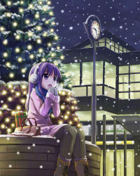 Rule 34 | 1girl, ahoge, beidan, boots, child, clock, female focus, gift, nature, original, outdoors, pantyhose, purple hair, sky, snow, solo, winter clothes