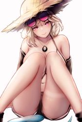Rule 34 | 1girl, absurdres, arknights, bare shoulders, black shorts, commentary, eyewear on head, feet out of frame, hat, head tilt, highres, knees up, laozhanshi, navel, off shoulder, official alternate costume, pink eyes, resolution mismatch, short hair, short shorts, shorts, silver hair, simple background, sitting, solo, source smaller, sun hat, sunglasses, swimsuit cover-up, tail, thighs, utage (arknights), utage (summer flowers) (arknights), white background