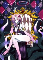 Rule 34 | 1girl, absurdres, alcohol, arthropod girl, bad id, bad pixiv id, bloom (taikodon), bracelet, breasts, chain, chalice, cleavage, collar, colored skin, crossed legs, cup, doll joints, extra eyes, food, fork, hair over one eye, high heels, highres, jewelry, joints, legs, original, pink hair, pink skin, plate, red eyes, short hair, sitting, smile, snake armband, solo, steak, taikodon, tentacles, throne, white skin, wine