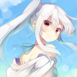 Rule 34 | 1girl, bare shoulders, bikini, blue background, from behind, light smile, long hair, looking at viewer, looking back, mishima kurone, off shoulder, original, red eyes, solo, swimsuit, twintails, white hair