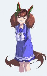 Rule 34 | 1girl, afterimage, animal ears, arms behind back, blue skirt, bow, brown hair, closed eyes, collarbone, commentary, cropped legs, facing viewer, frilled skirt, frills, grey background, grin, highres, horse ears, horse girl, horse tail, multicolored hair, nice nature (umamusume), pleated skirt, purple shirt, school uniform, shirt, simple background, sirataki umauma, skirt, smile, solo, streaked hair, symbol-only commentary, tail, tail wagging, tracen school uniform, twintails, umamusume, white bow