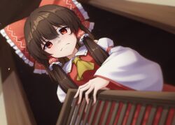 Rule 34 | 1girl, ascot, bare shoulders, blurry, blurry foreground, bow, breasts, brown hair, depth of field, detached sleeves, disappointed, dutch angle, frilled bow, frilled shirt collar, frills, from below, frown, furrowed brow, hair between eyes, hair bow, hair tubes, hakurei reimu, highres, long hair, long sleeves, looking at viewer, medium breasts, pov, red bow, red eyes, red skirt, red vest, shaded face, skirt, skirt set, solo, touhou, vest, wide sleeves, yellow ascot, yosshy