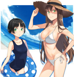 Rule 34 | 2girls, :o, arms at sides, bad id, bad pixiv id, beach, bikini, black hair, black ribbon, blue one-piece swimsuit, blue sky, border, breasts, brown hair, cleavage, closed mouth, cloud, contrapposto, cowboy shot, day, eyelashes, gluteal fold, green eyes, groin, hair between eyes, hand on own hip, hat, hat ribbon, holding, kimura (ykimu), large breasts, long hair, looking at viewer, multiple girls, navel, ocean, old school swimsuit, one-piece swimsuit, original, ribbon, school swimsuit, shade, short hair, side-tie bikini bottom, sideboob, sky, small breasts, smile, standing, stomach, strap gap, straw hat, swimsuit, white bikini