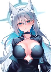 Rule 34 | 1girl, absurdres, animal ear fluff, animal ears, black choker, black halo, blue archive, blue eyes, breasts, bright pupils, choker, cleavage, collarbone, cross hair ornament, grey hair, hair between eyes, hair ornament, halo, highres, large breasts, llg062666, long hair, looking at viewer, mismatched pupils, shiroko (blue archive), shiroko terror (blue archive), simple background, solo, upper body, white background, white pupils