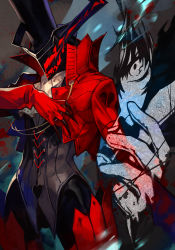 Rule 34 | amamiya ren, arsene (persona 5), ascot, atlus, black hair, black hat, black pants, boots, claws, cowboy shot, cropped jacket, gloves, hat, high collar, hungry clicker, jacket, lace-up top, looking at viewer, mask, pants, persona, persona 5, red footwear, red jacket, sega, thigh boots, top hat, waistcoat, white ascot