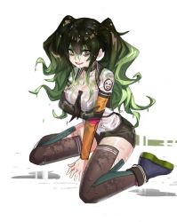 Rule 34 | 1girl, arm support, black hair, breasts, brown eyes, cleavage, commentary, commentary request, disguise, elbow gloves, girls&#039; frontline, gloves, green hair, hair between eyes, hair dye, hei yu wu shen, heterochromia, highres, jewelry, long hair, looking at viewer, m950a (girls&#039; frontline), messy hair, necklace, scarecrow (girls&#039; frontline), shirt, single glove, sitting, smile, solo, thighhighs, thighs, twintails, wariza, wet, wet clothes, wet hair, wet shirt, yellow eyes
