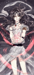 Rule 34 | 1boy, ashura (rg veda), black hair, bracelet, dress, floating hair, jewelry, long hair, looking at viewer, male focus, meimi k, outstretched hand, pointy ears, rg veda, short sleeves, solo, white dress, wind, yellow eyes