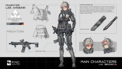 Rule 34 | 1girl, absurdres, assault rifle, body armor, bodysuit, character sheet, chinese commentary, cigarette, cyberpunk, dagger, ear protection, english text, gun, highres, jacket, knife, load bearing equipment, orange-tinted eyewear, original, rifle, science fiction, sherman (egnk2525), standing, tachi-e, tinted eyewear, weapon