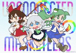 Rule 34 | 3girls, apron, ascot, bare shoulders, blue eyes, boots, bow, braid, brown eyes, brown hair, card, chestnut mouth, cirno, collared shirt, commentary, detached sleeves, english commentary, frog hair ornament, gohei, green ascot, green eyes, green hair, green ribbon, grey hair, hair bow, hair ornament, hair tubes, hakurei reimu, highres, izayoi sakuya, karaagetarou (style), knife, kochiya sanae, maid headdress, md5 mismatch, multiple girls, open mouth, parody, quarium, rainbow, red skirt, ribbon, ribbon trim, shirt, skirt, snake hair ornament, style parody, touhou, twin braids, twitter username, unconnected marketeers, white skirt, yellow ascot