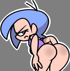 Rule 34 | 1girl, angry, ass, bent over, blue eyes, blue hair, bottomless, breasts, from behind, grey background, looking at viewer, looking back, medium breasts, purple shirt, shirt, short hair, short sleeves, standing, vilepluff