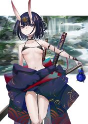 Rule 34 | 1girl, absurdres, bare shoulders, bikini, black bikini, blunt bangs, bob cut, breasts, bridal gauntlets, fate/grand order, fate (series), hair between horns, hair ornament, highres, horns, japanese clothes, jewelry, katana, kimono, looking at viewer, navel, off shoulder, oni, outdoors, pointy ears, purple eyes, purple hair, purple kimono, san (harutuki 3), short hair, shuten douji (fate), skin-covered horns, small breasts, solo, swimsuit, sword, water, weapon