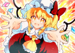 Rule 34 | ascot, blonde hair, collared shirt, crystal, fang, flandre scarlet, frilled shirt collar, frilled skirt, frilled sleeves, frills, hat, highres, medium hair, mob cap, one side up, puffy short sleeves, puffy sleeves, qqqrinkappp, red eyes, red skirt, red vest, shirt, short sleeves, skirt, skirt set, slit pupils, touhou, traditional media, vest, white hat, white shirt, wrist cuffs, yellow ascot