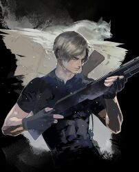Rule 34 | 1boy, black background, black gloves, blonde hair, cofffee, covered abs, fingerless gloves, furrowed brow, gloves, gun, highres, holding, holding gun, holding weapon, leon s. kennedy, male focus, parted bangs, resident evil, resident evil 4, resident evil 4 (remake), shirt, short hair, short sleeves, solo, tight clothes, tight shirt, upper body, weapon, wolf