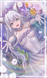 Rule 34 | 1girl, absurdres, ahoge, animal ear fluff, animal ears, blush, border, braid, breasts, bride, commentary request, demonasa, dress, earrings, elbow gloves, extra ears, flower, fox ears, fox girl, gloves, green eyes, hair between eyes, halter dress, halterneck, highres, hololive, jewelry, long hair, looking at viewer, open hands, open mouth, outstretched arms, shirakami fubuki, sidelocks, signature, single braid, small breasts, smile, solo, virtual youtuber, white dress, white hair