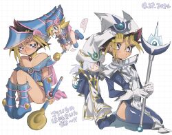 1boy 2girls blonde_hair blue_dress blue_footwear blue_hat cosplay crossdressing dark_magician_girl dark_magician_girl_(cosplay) dated dress duel_monster gloves grey_hair hair_over_one_eye hat hip_vent holding holding_staff long_hair multicolored_hair multiple_girls muto_yugi nu46ia purple_eyes silent_magician silent_magician_(cosplay) silent_magician_zero staff tabard white_gloves white_hat white_tabard wizard_hat yu-gi-oh!