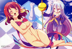 Rule 34 | 10s, 2girls, :3, absurdres, blush, breasts, brown eyes, chess piece, cleavage, closed eyes, groin, hand on own hip, highres, kneehighs, large breasts, legs, megami magazine, multicolored hair, multiple girls, naked ribbon, navel, no game no life, official art, oodate kouji, ooya kouji, open mouth, panties, red hair, ribbon, scan, see-through, shiro (no game no life), silver hair, socks, stephanie dora, striped clothes, striped panties, tears, underwear